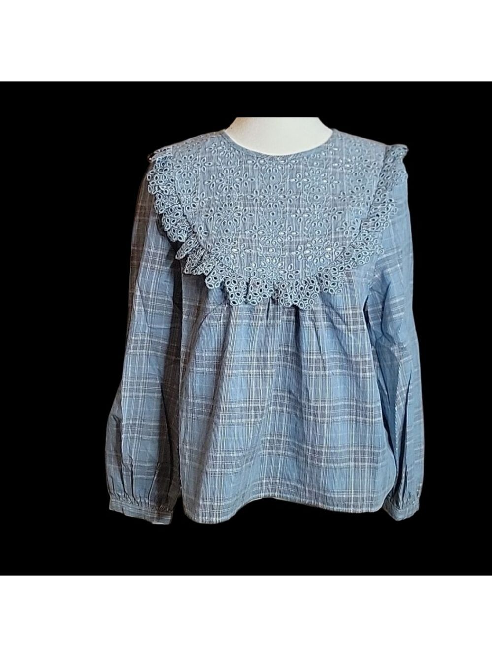 Zara Blue Plaid Blouse with Lace Collar
